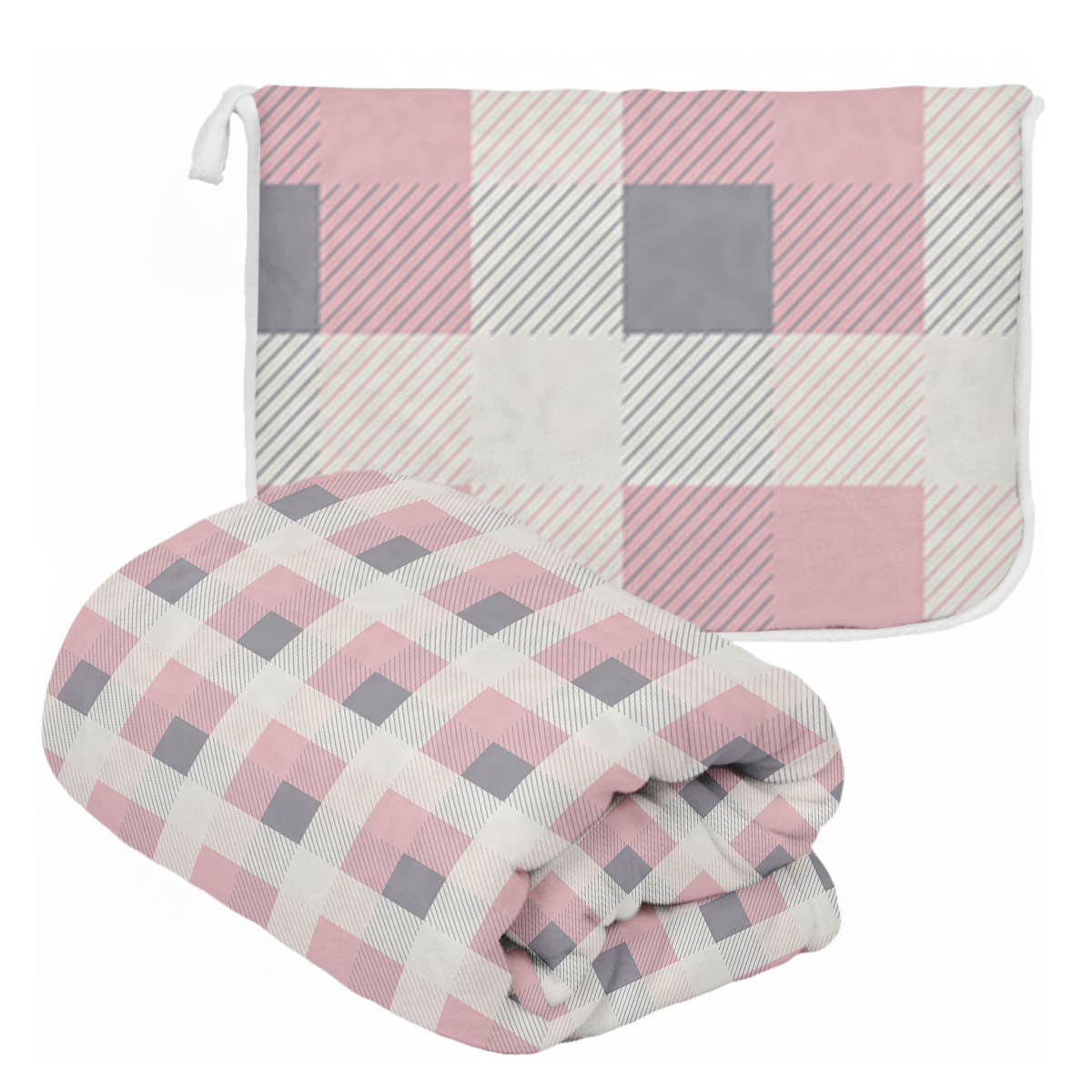 "Pink and Grey Plaid" Plush Travel Blanket w/ Matching Case