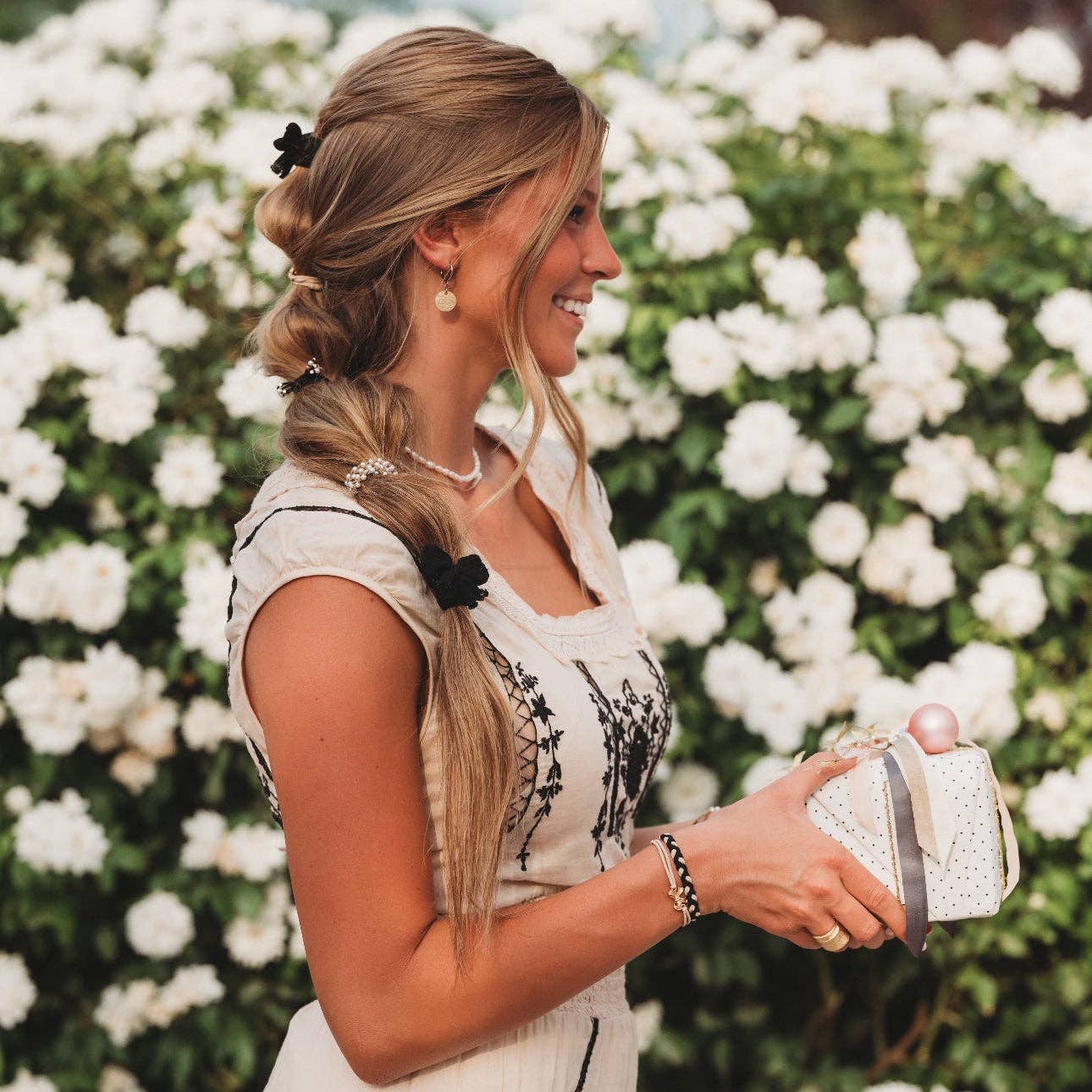 "Harmony" Pearls & Bows in Black & Cream Hair Tie Bracelets