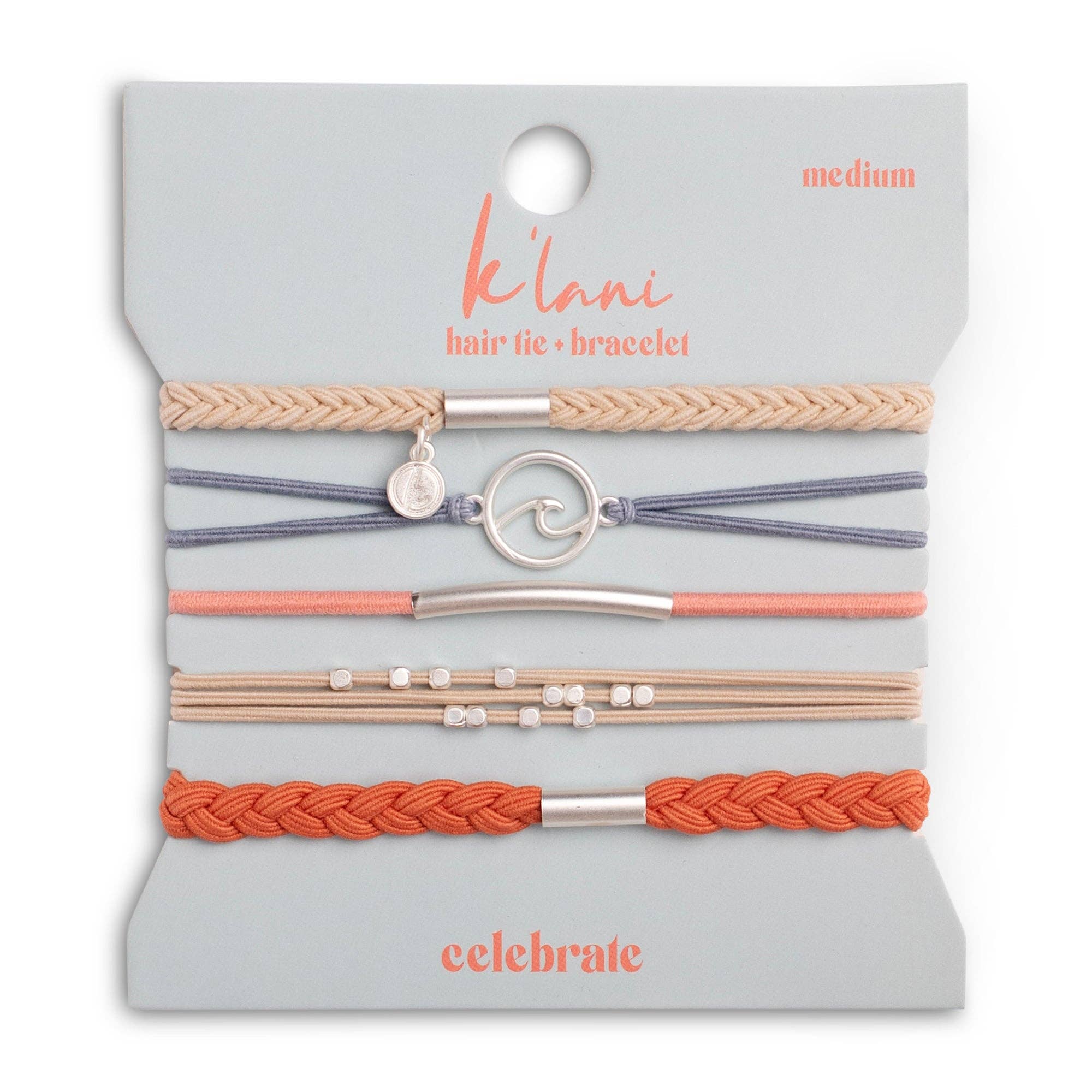 "Celebrate" Blues and Corals With Silver Wave Charm Hair Tie Bracelets