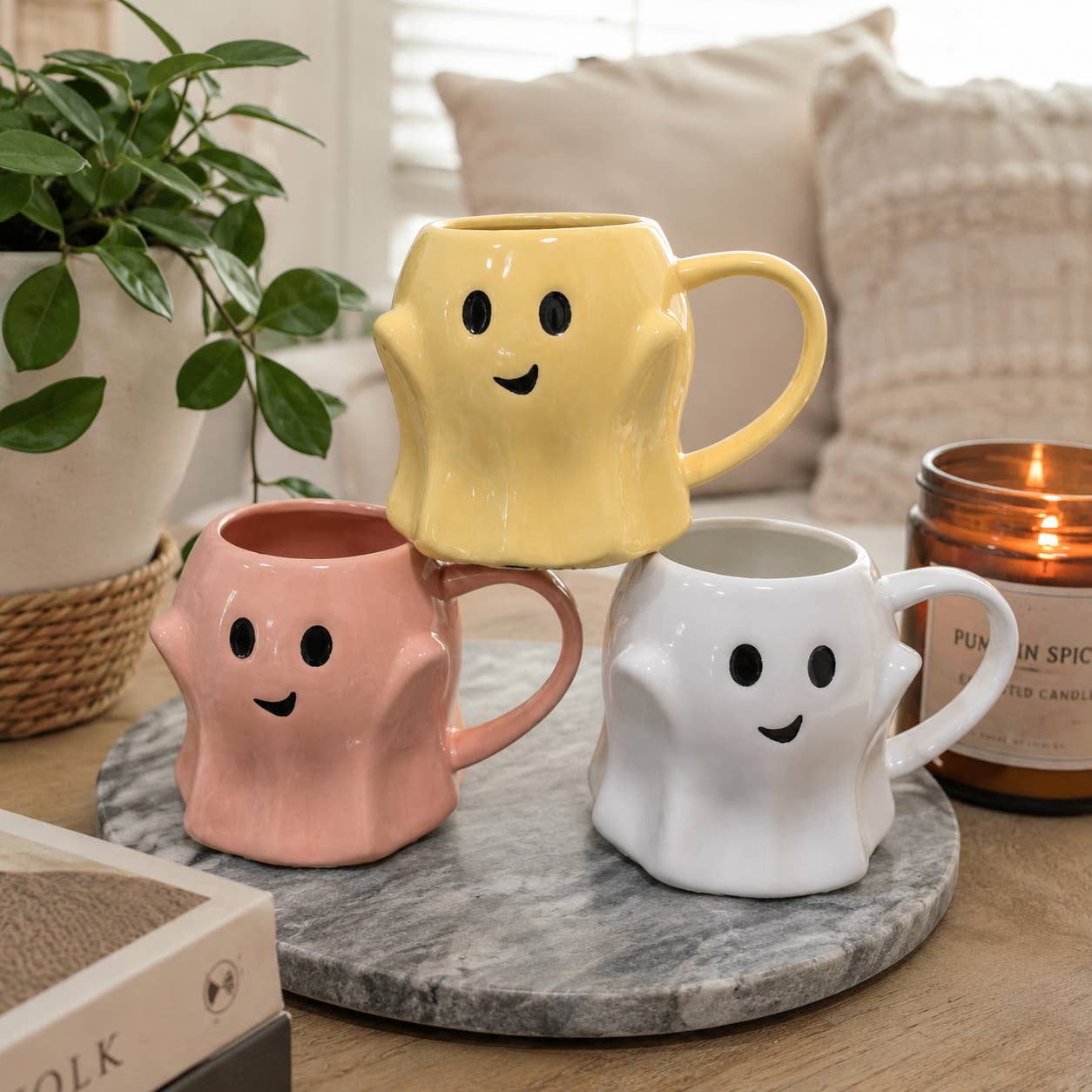Halloween Drinkware, Ceramic Ghost Mugs, Neutral Fall Decor
