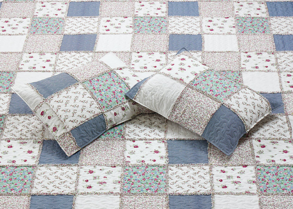 "Blue with Roses Patchwork"  3-Piece Designer Quilt Set
