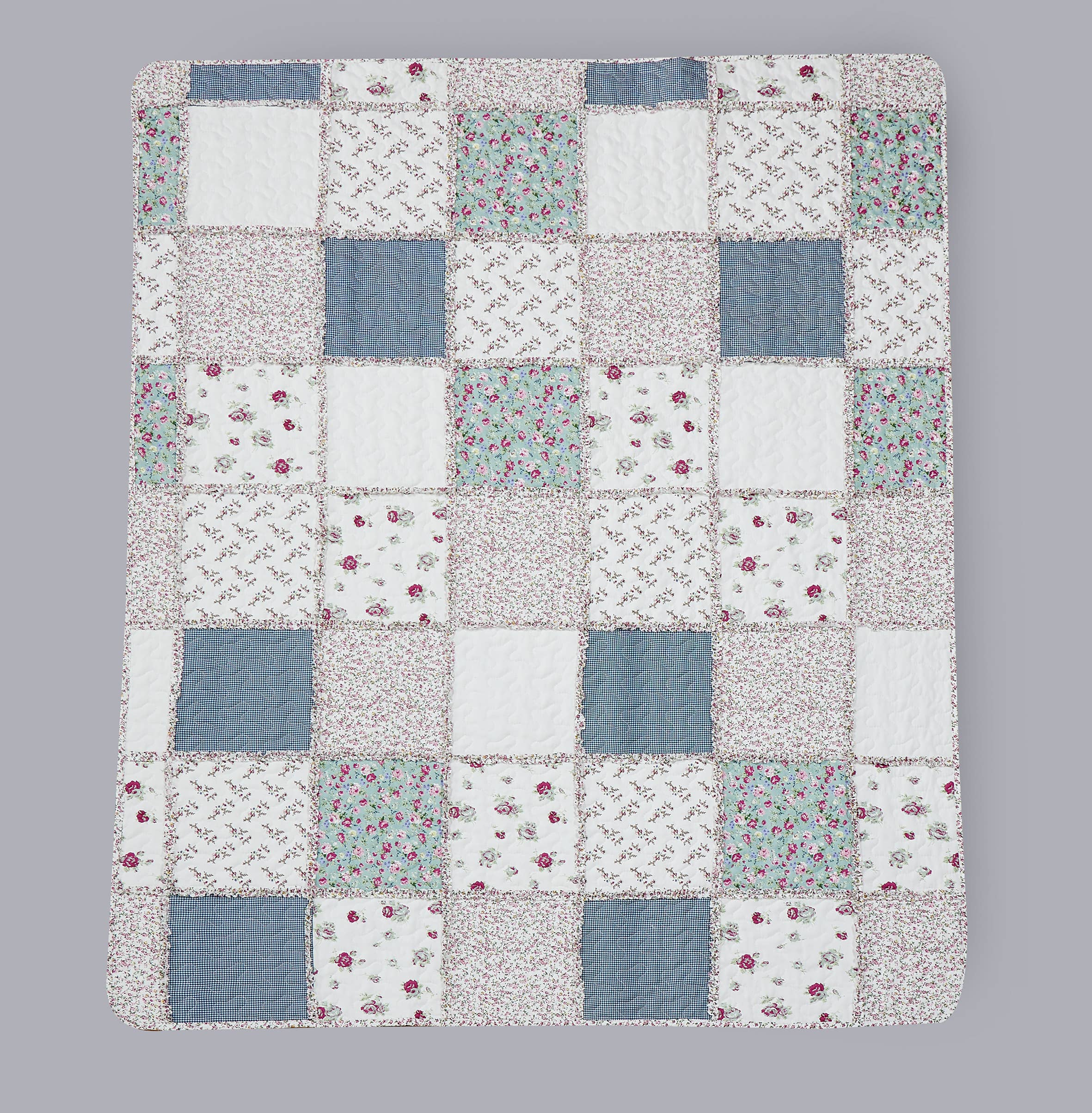 "Blue with Roses Patchwork"  Quilted Throw Blanket 50"x60"