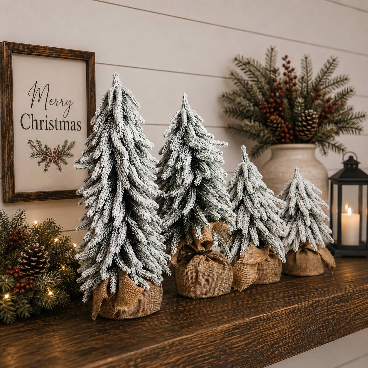 Christmas Trees with Snow, Holiday Mantle & Shelf Home Decor