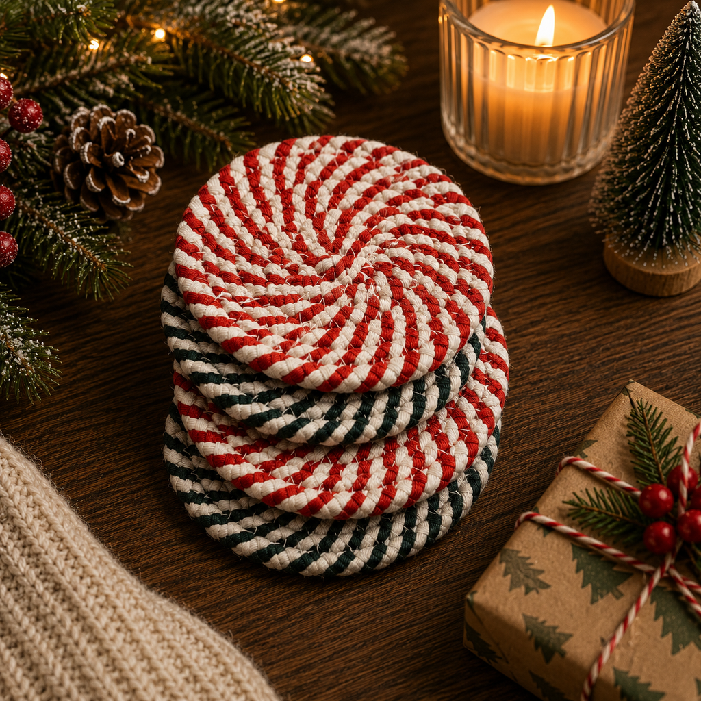 Holiday Fabric Coasters, Red White Christmas Coaster Set