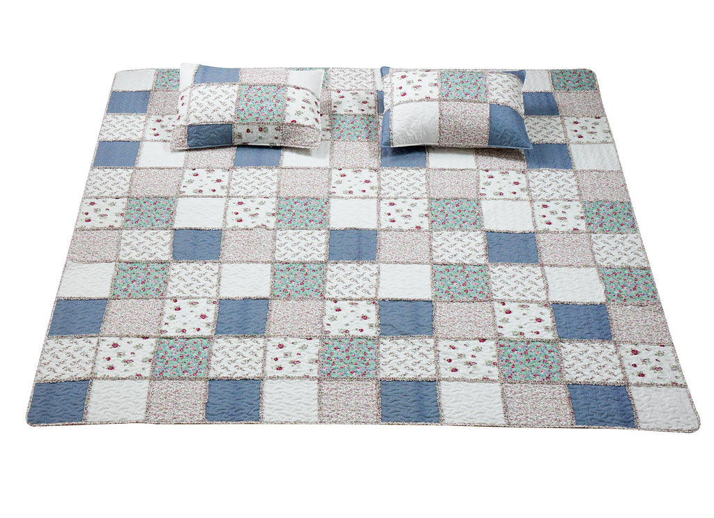 "Blue with Roses Patchwork"  3-Piece Designer Quilt Set