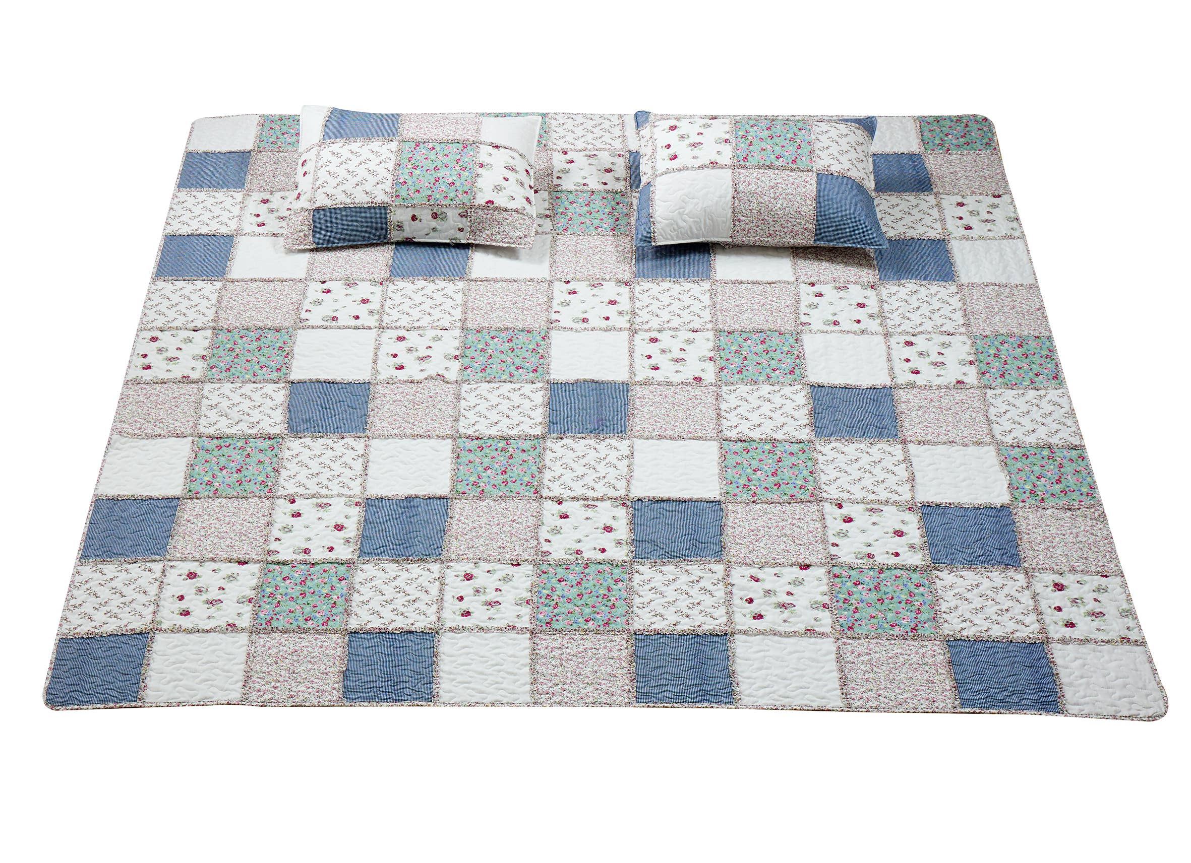 "Blue with Roses Patchwork"  3-Piece Designer Quilt Set