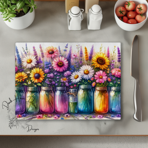Watercolor Flowers in Mason Jars - Glass Cutting Board