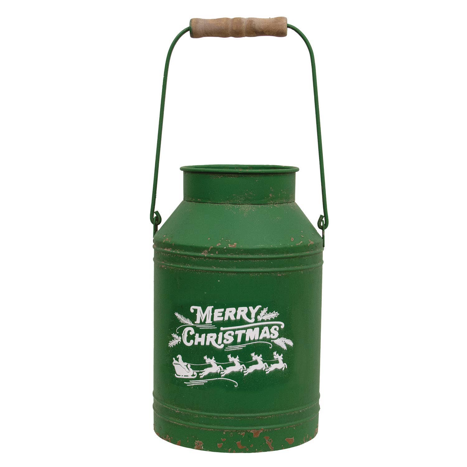 Distressed Green Metal Merry Christmas Santa & Reindeer Milk