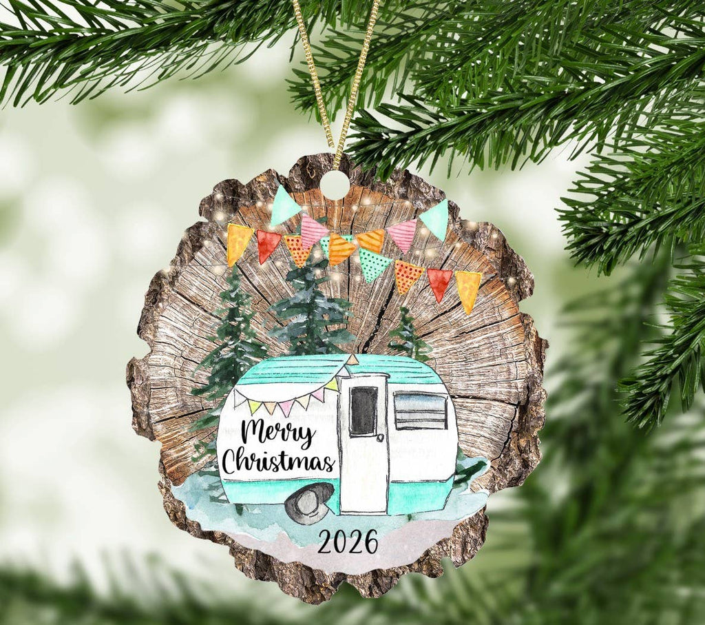 Merry Christmas 2026 Camper Ornament Wood Slice Shape