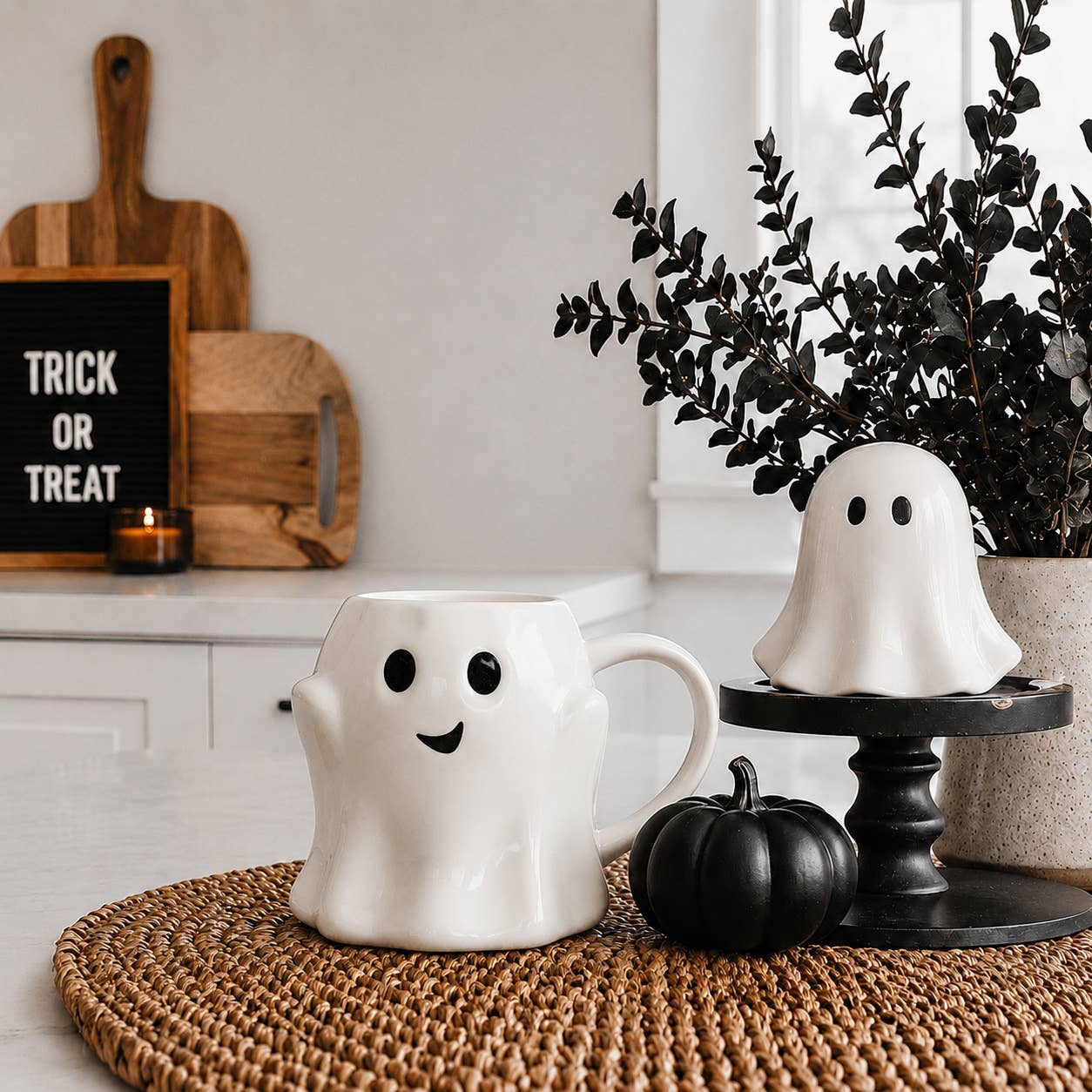 Halloween Drinkware, Ceramic Ghost Mugs, Neutral Fall Decor