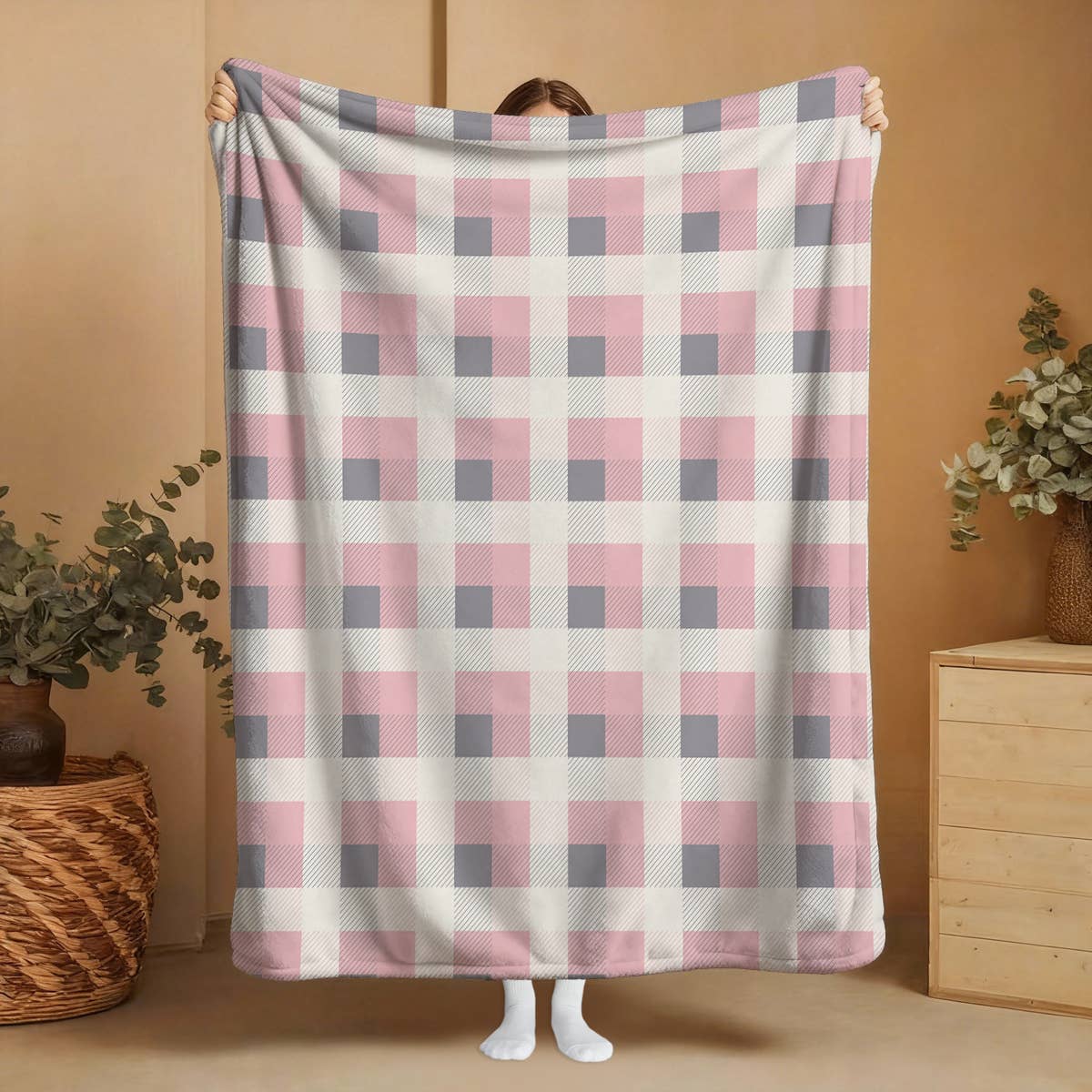 "Pink and Grey Plaid" Plush Travel Blanket w/ Matching Case