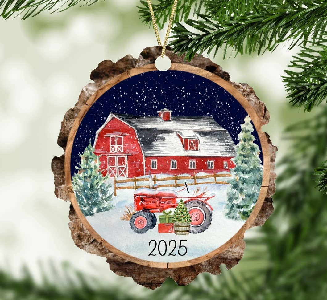 Christmas on the Farm Ornament Faux Wood Slice with Barn