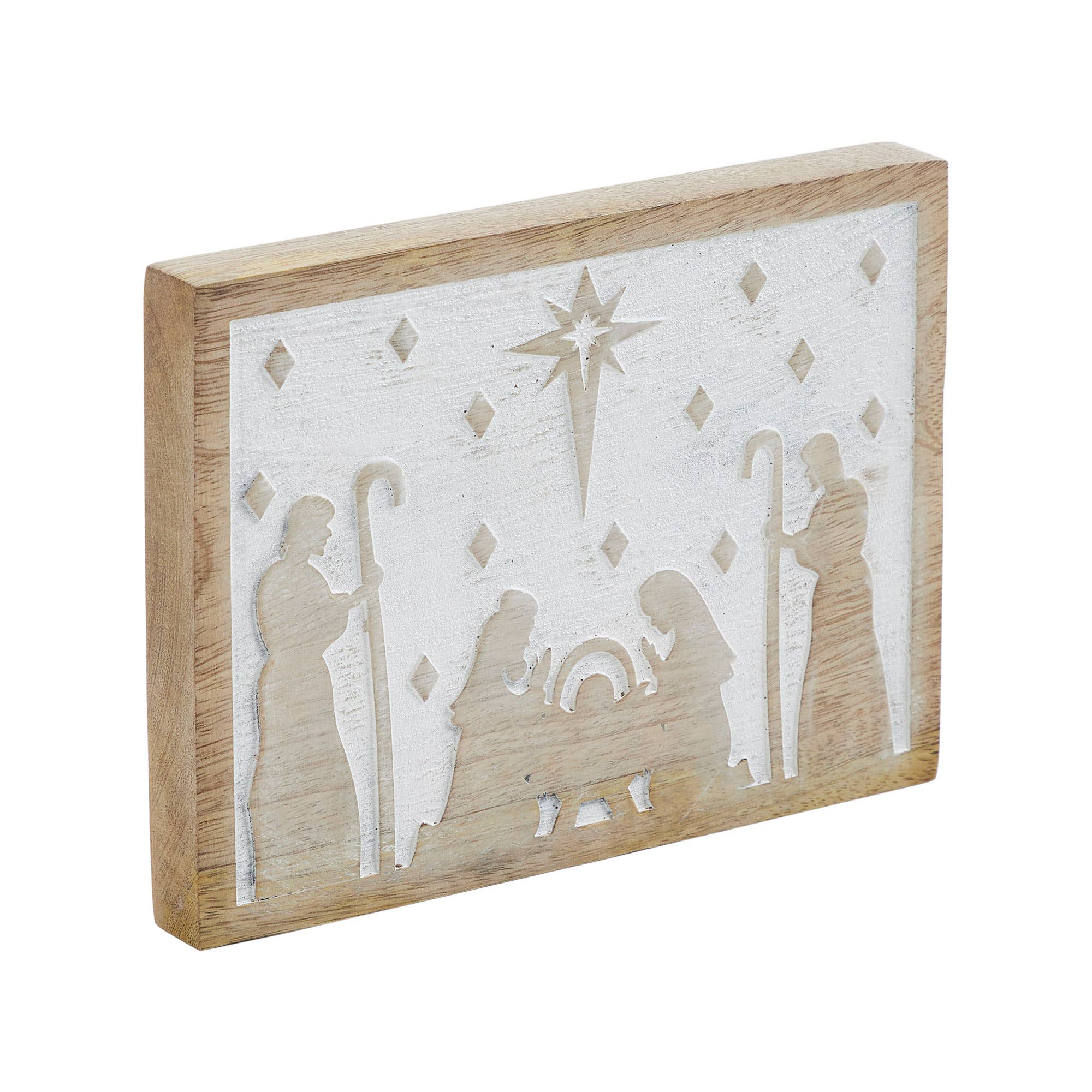 Christmas Nativity Sign 6x8x1 White Wash Wooden Manger