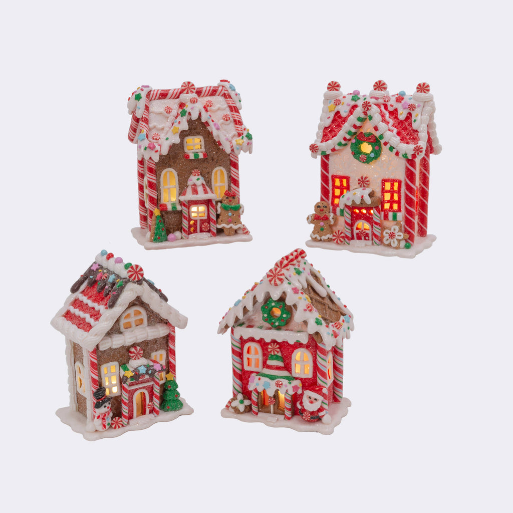 Christmas Lighted Clay Dough Gingerbread Houses Set of 4 5.5"H