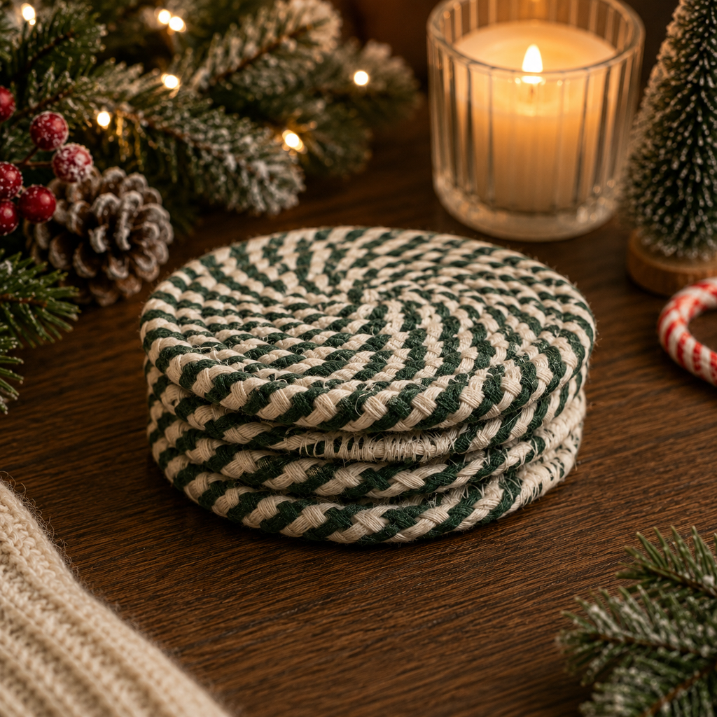 Holiday Fabric Coasters, Red White Christmas Coaster Set