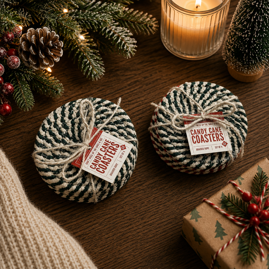 Holiday Fabric Coasters, Red White Christmas Coaster Set