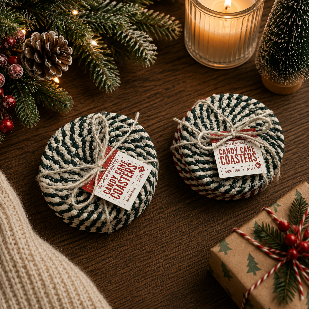 Holiday Fabric Coasters, Red White Christmas Coaster Set
