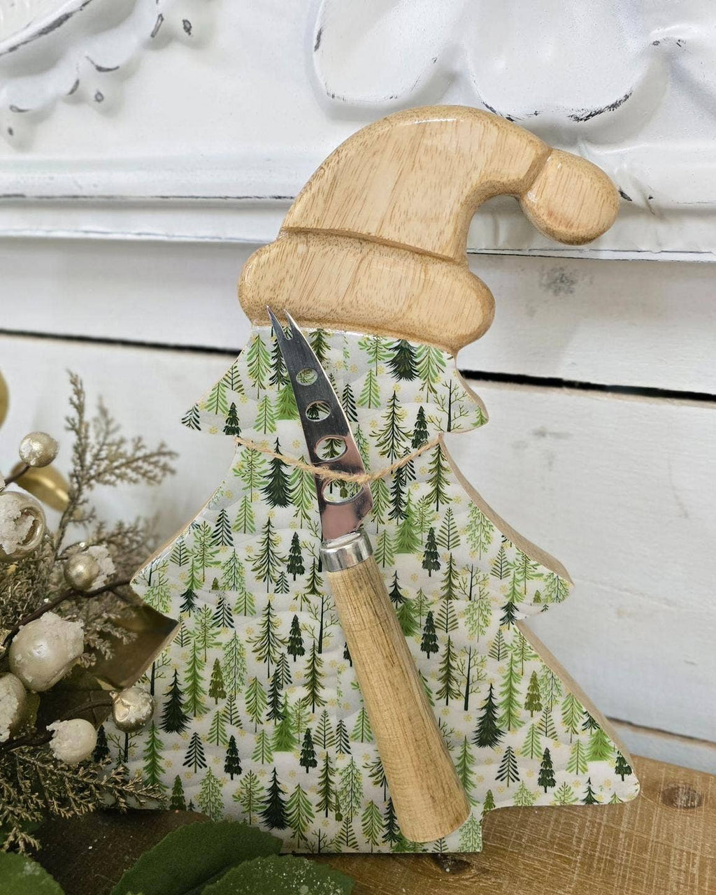 Christmas Tree Cheese Server W/Knife 10x8in