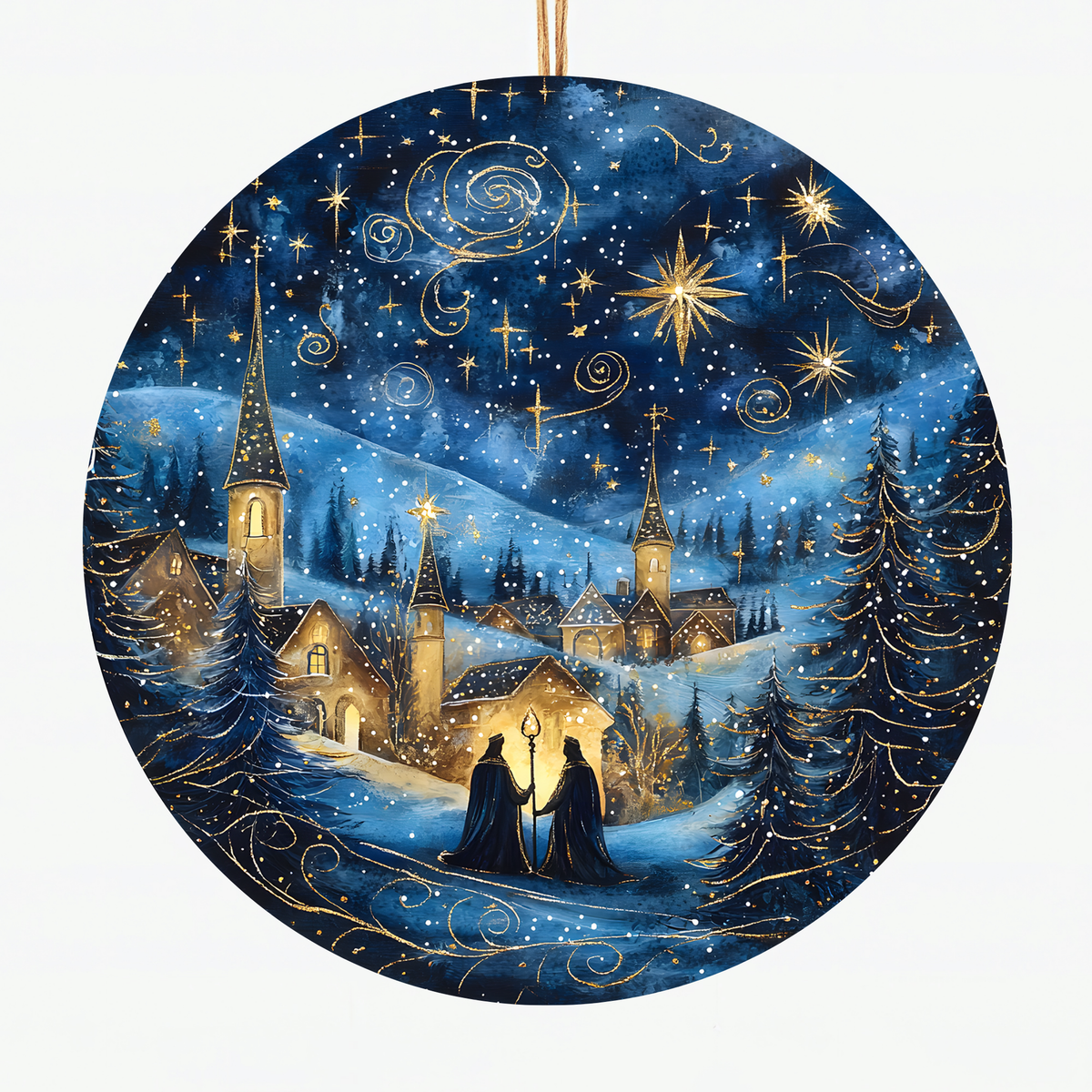 Golden Bethlehem Star Ceramic Ornament - Handcrafted Christmas Tree Decoration with Starry Sky and Nativity Village Scene