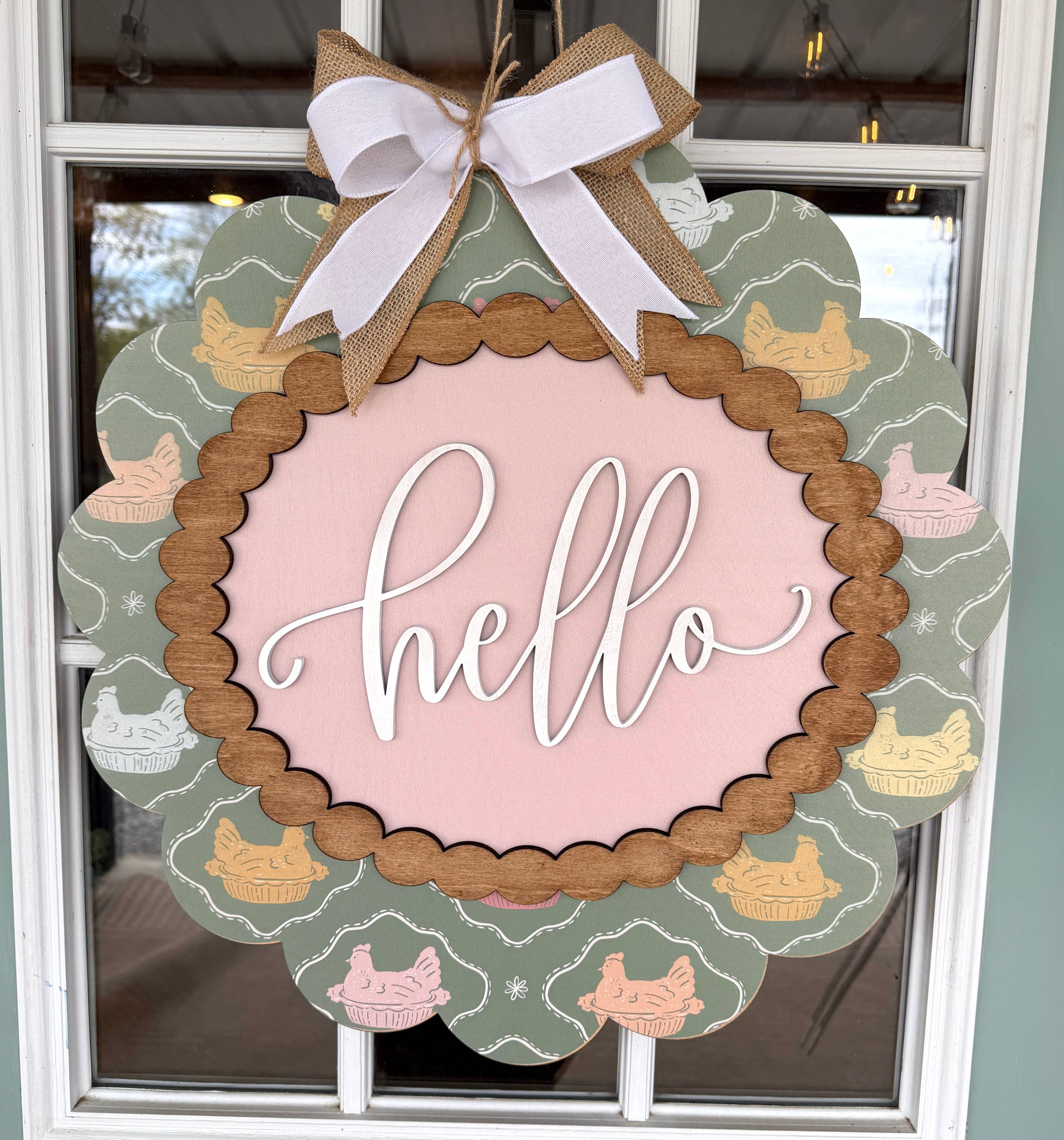 HELLO CHICKEN SCALLOPED SIGN