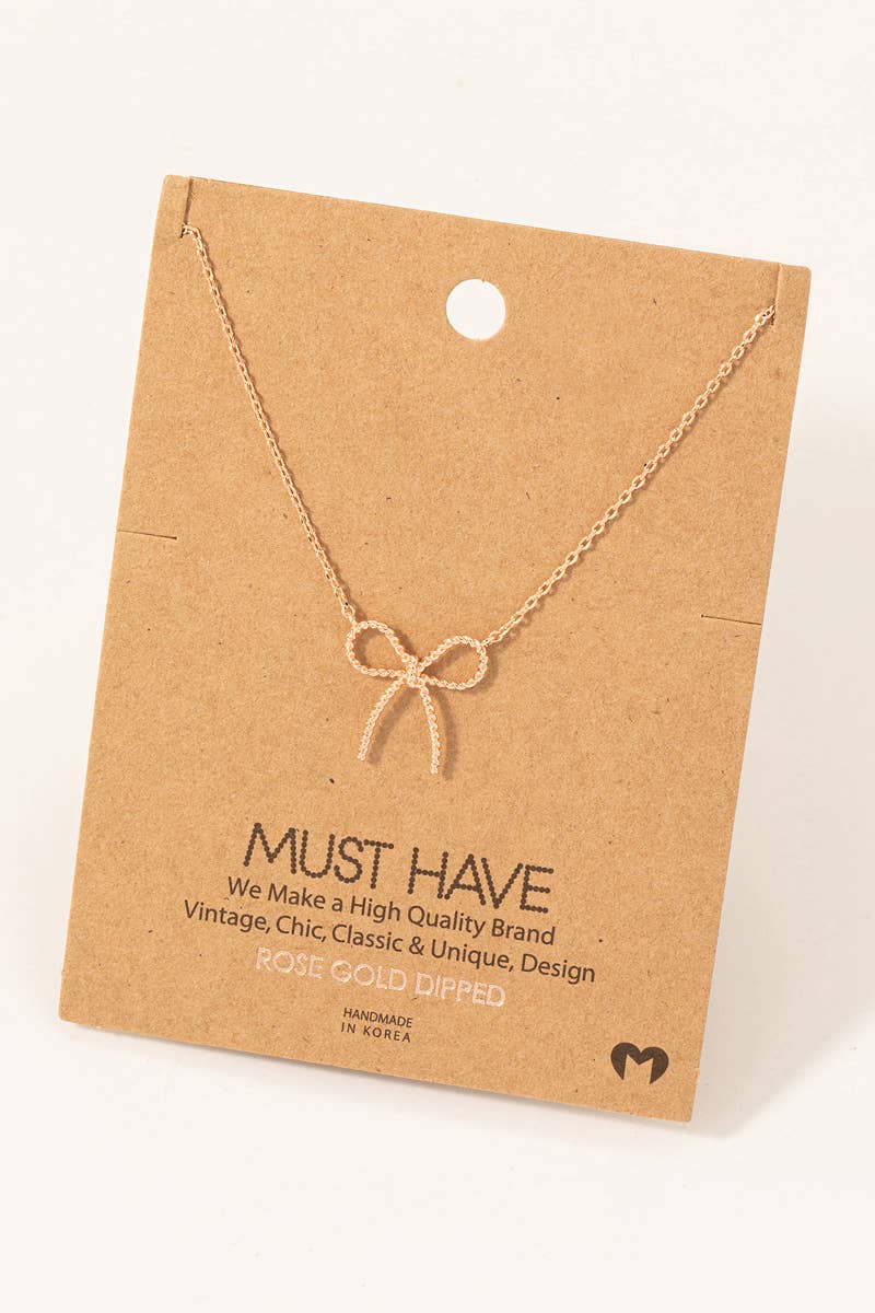 Gold Dipped Textured Ribbon Bow Pendant Chain Necklace