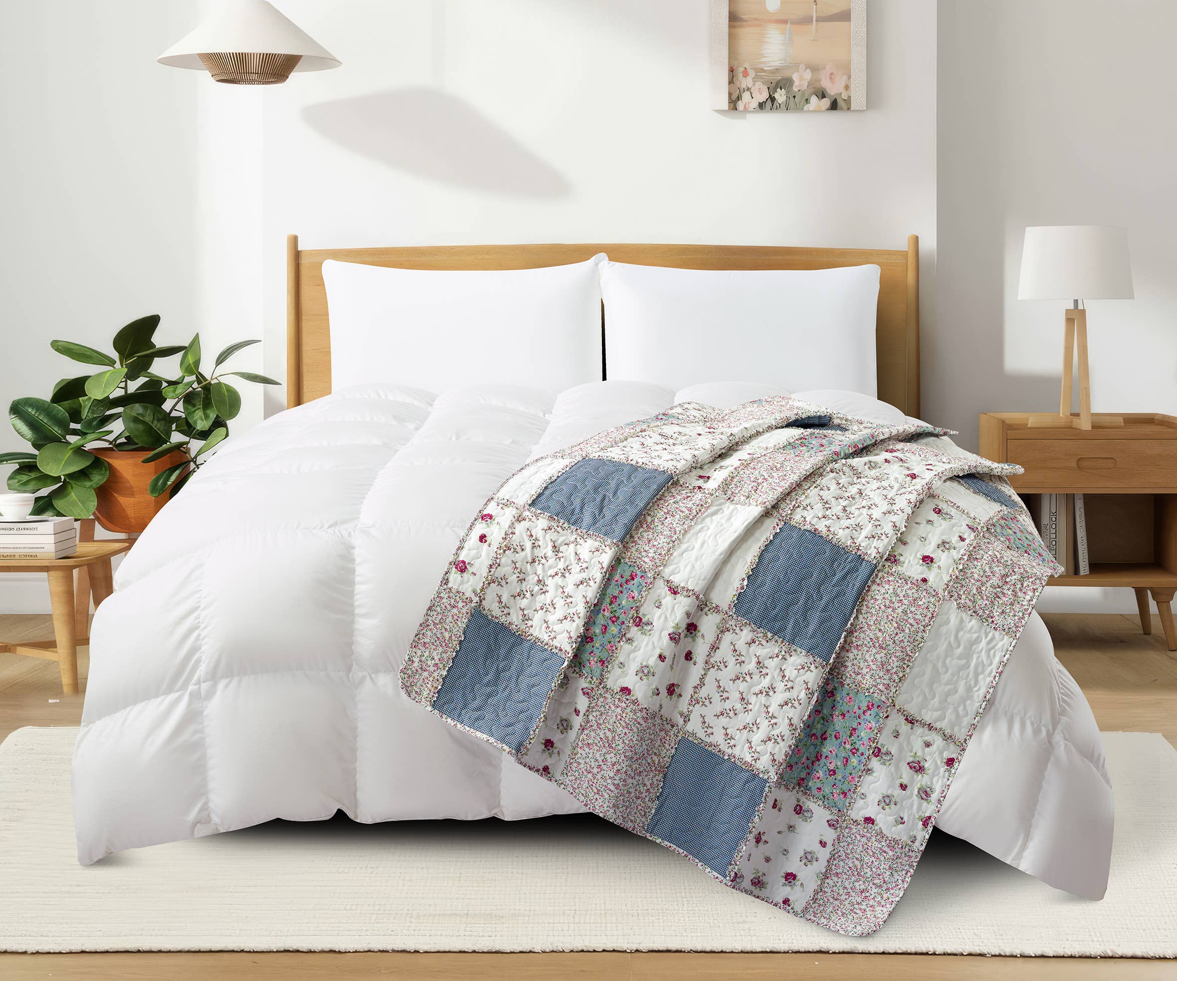 "Blue with Roses Patchwork"  Quilted Throw Blanket 50"x60"