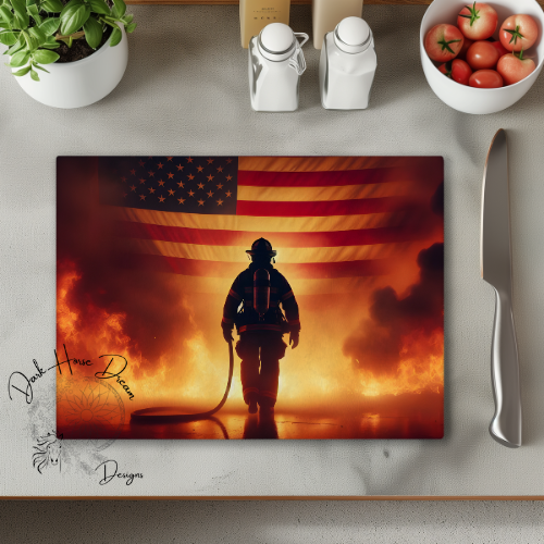 First In Last Out - Firefighter Flame - Glass Cutting Board