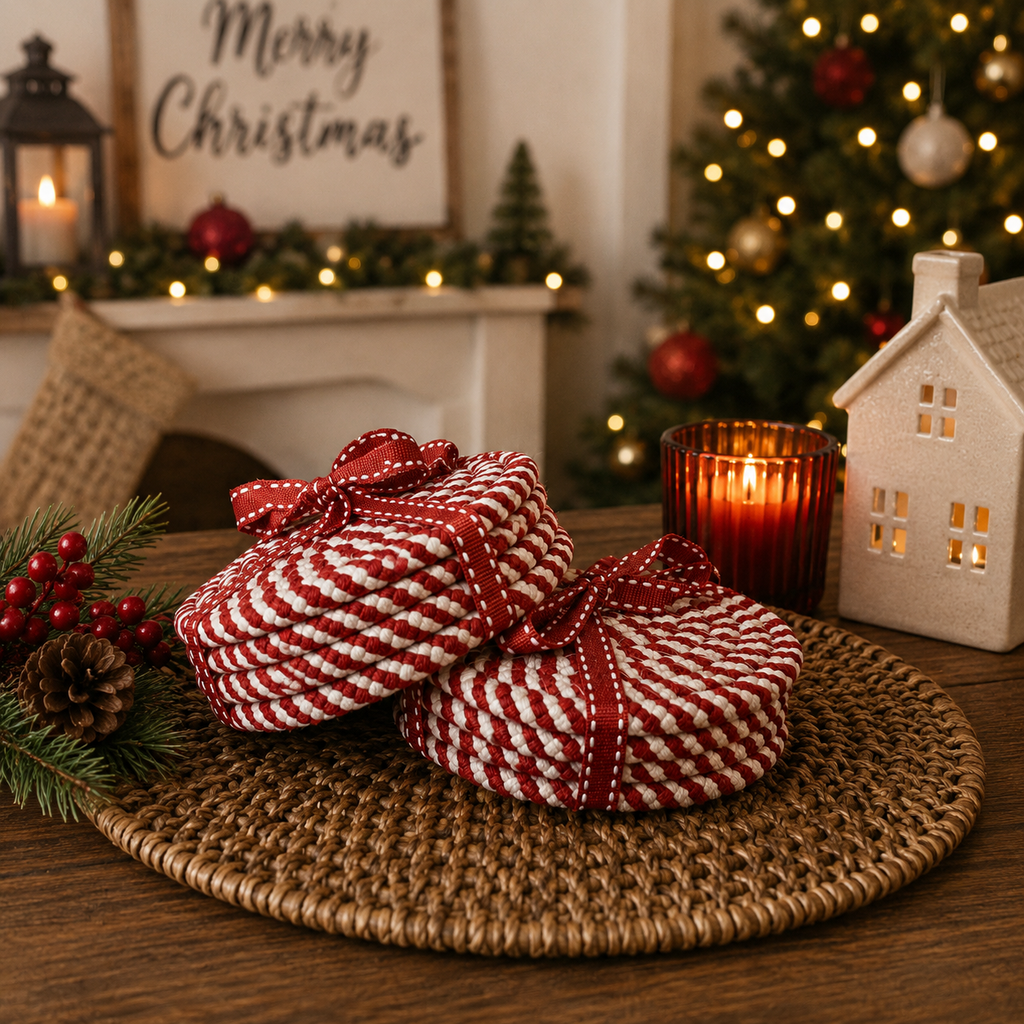 Holiday Fabric Coasters, Red White Christmas Coaster Set
