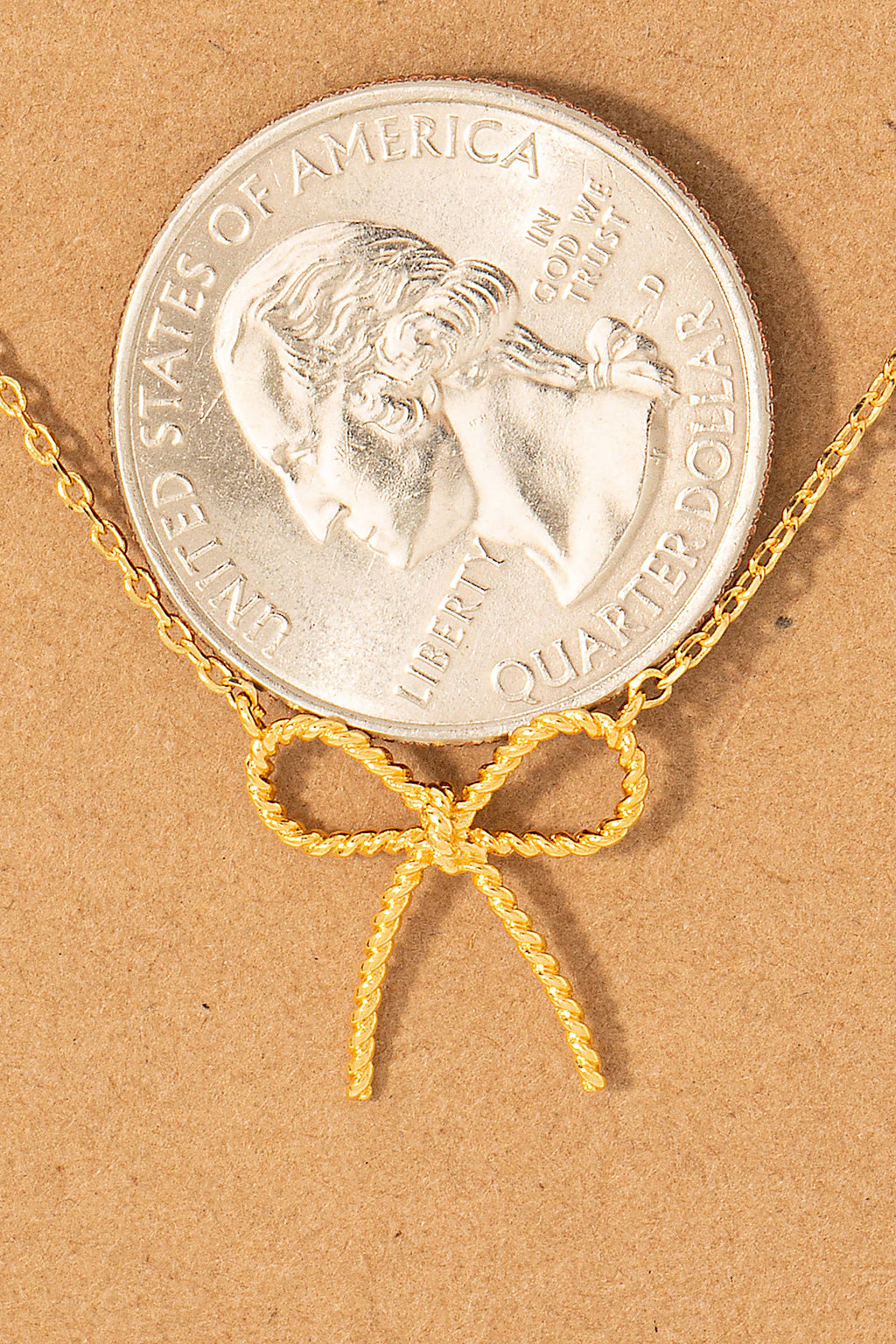 Gold Dipped Textured Ribbon Bow Pendant Chain Necklace