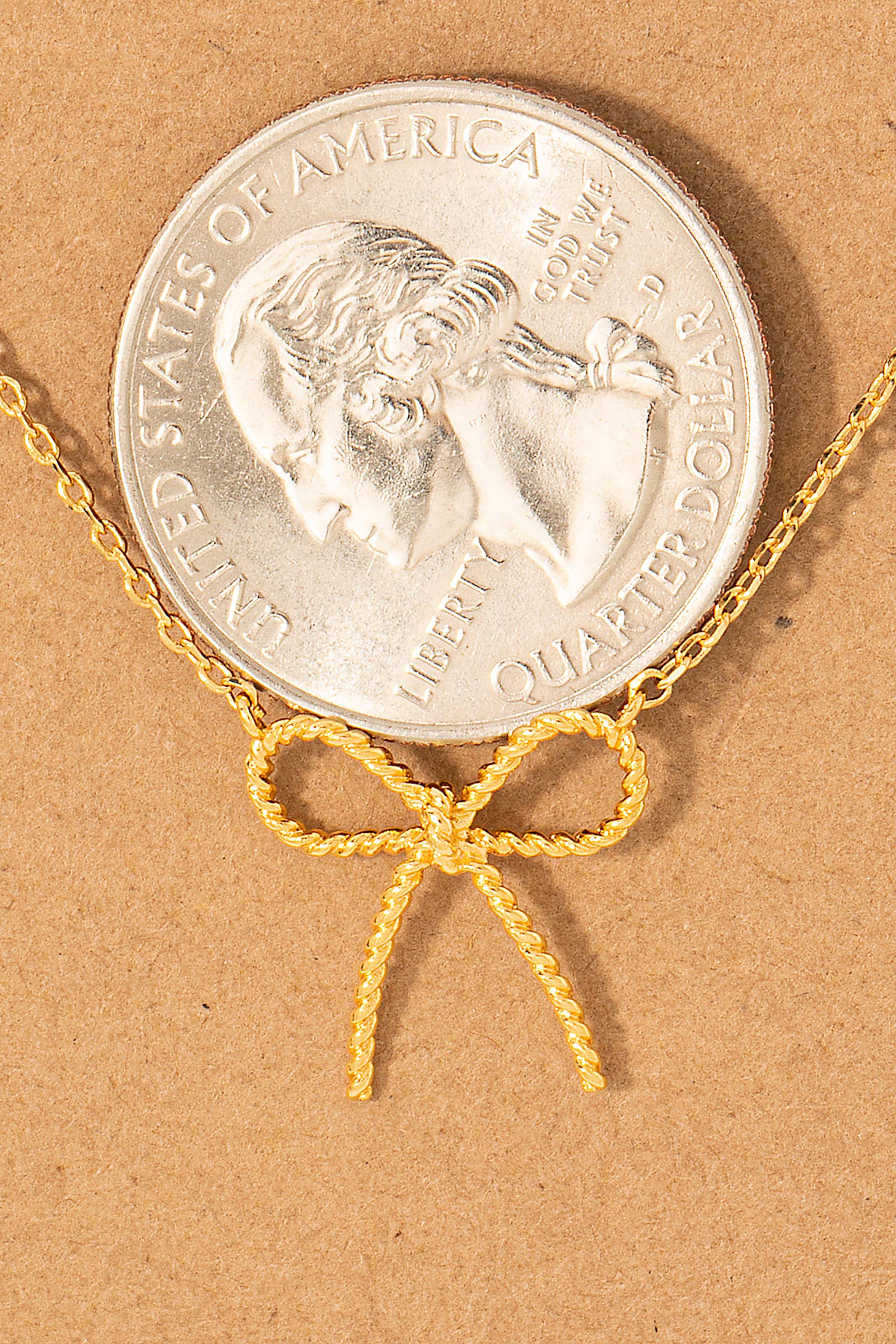 Gold Dipped Textured Ribbon Bow Pendant Chain Necklace