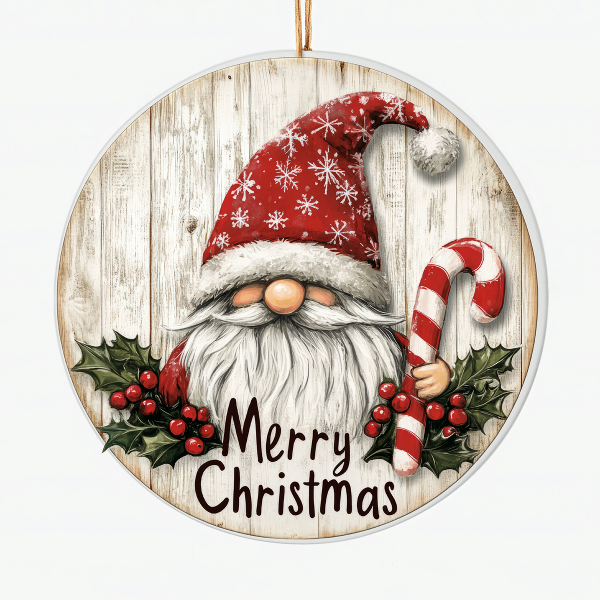 Merry Christmas Gnome Ornament – Ceramic Rustic Holiday Decor, Festive Scandinavian Gnome with Candy Cane, Christmas Tree Decoration