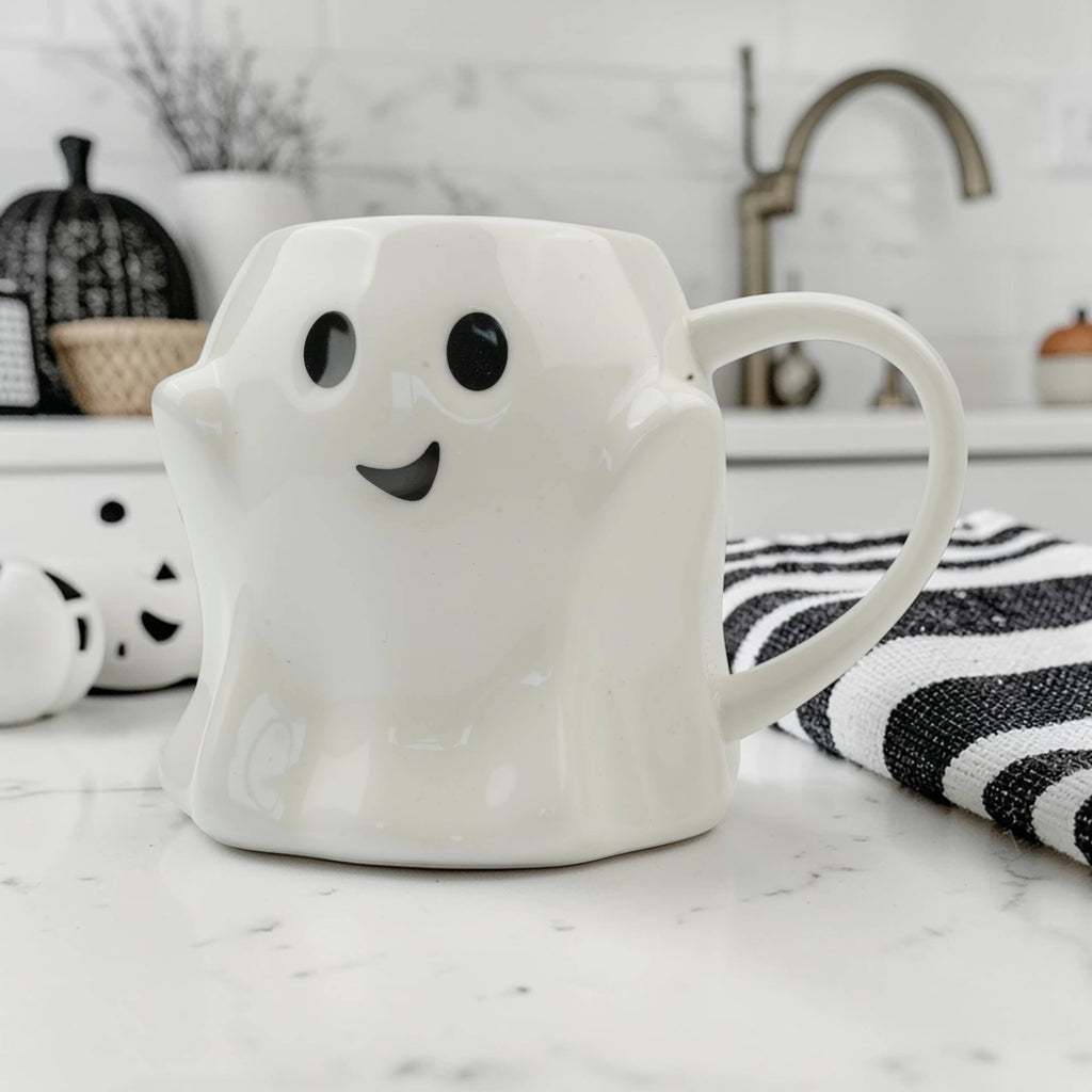Halloween Drinkware, Ceramic Ghost Mugs, Neutral Fall Decor