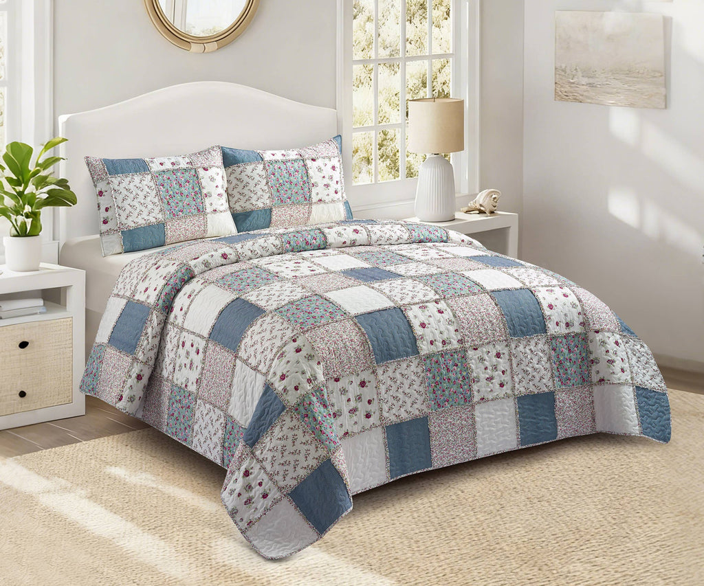 "Blue with Roses Patchwork"  3-Piece Designer Quilt Set
