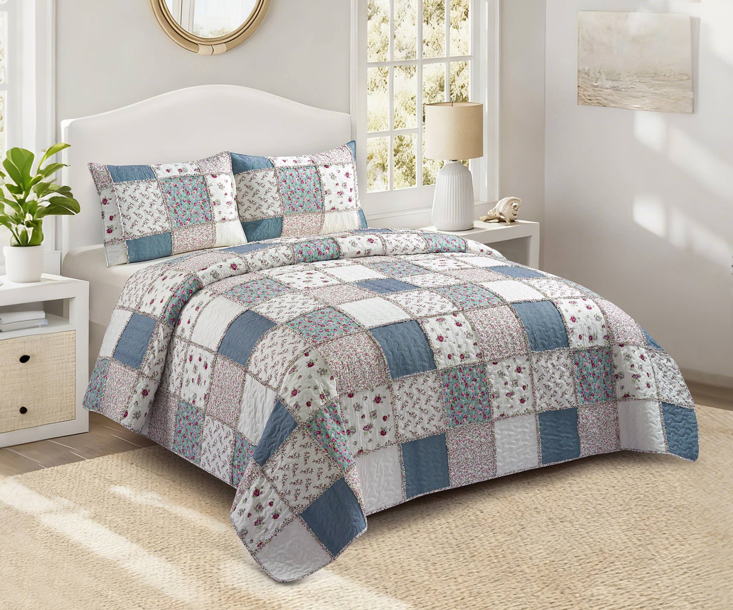 "Blue with Roses Patchwork"  3-Piece Designer Quilt Set