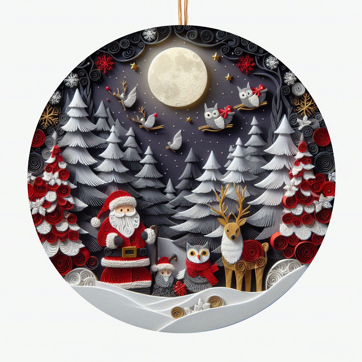 Santa Woodland Scene Ceramic Ornament - Handcrafted Christmas Tree Decor with Moonlit Forest, Reindeer, and Owls