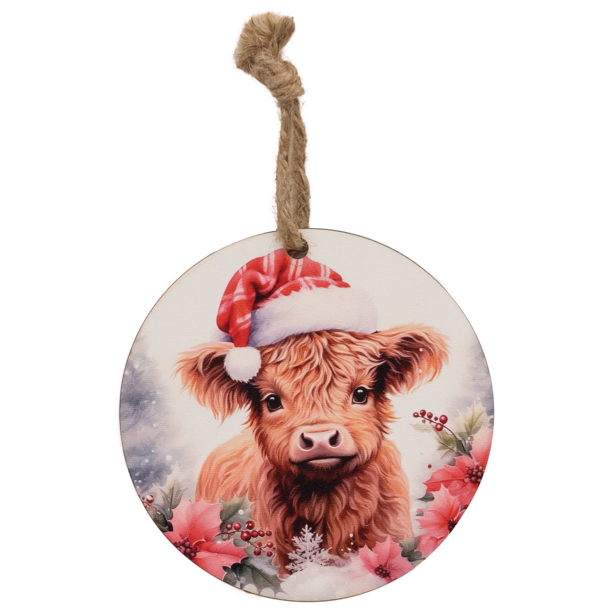 Santa Highland w/Poinsettias Ornament - 5" Dia.