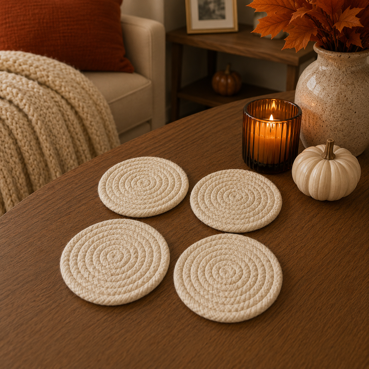 Fall Fabric Coaster Sets, Gift Ready | Autumn Tabletop Decor