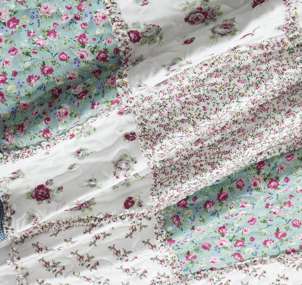 "Blue with Roses Patchwork"  3-Piece Designer Quilt Set