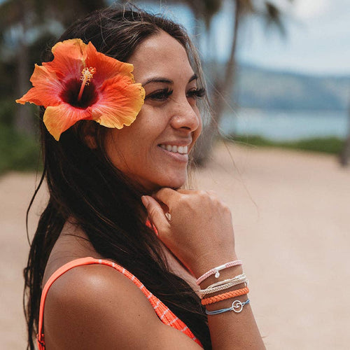 "Celebrate" Blues and Corals With Silver Wave Charm Hair Tie Bracelets