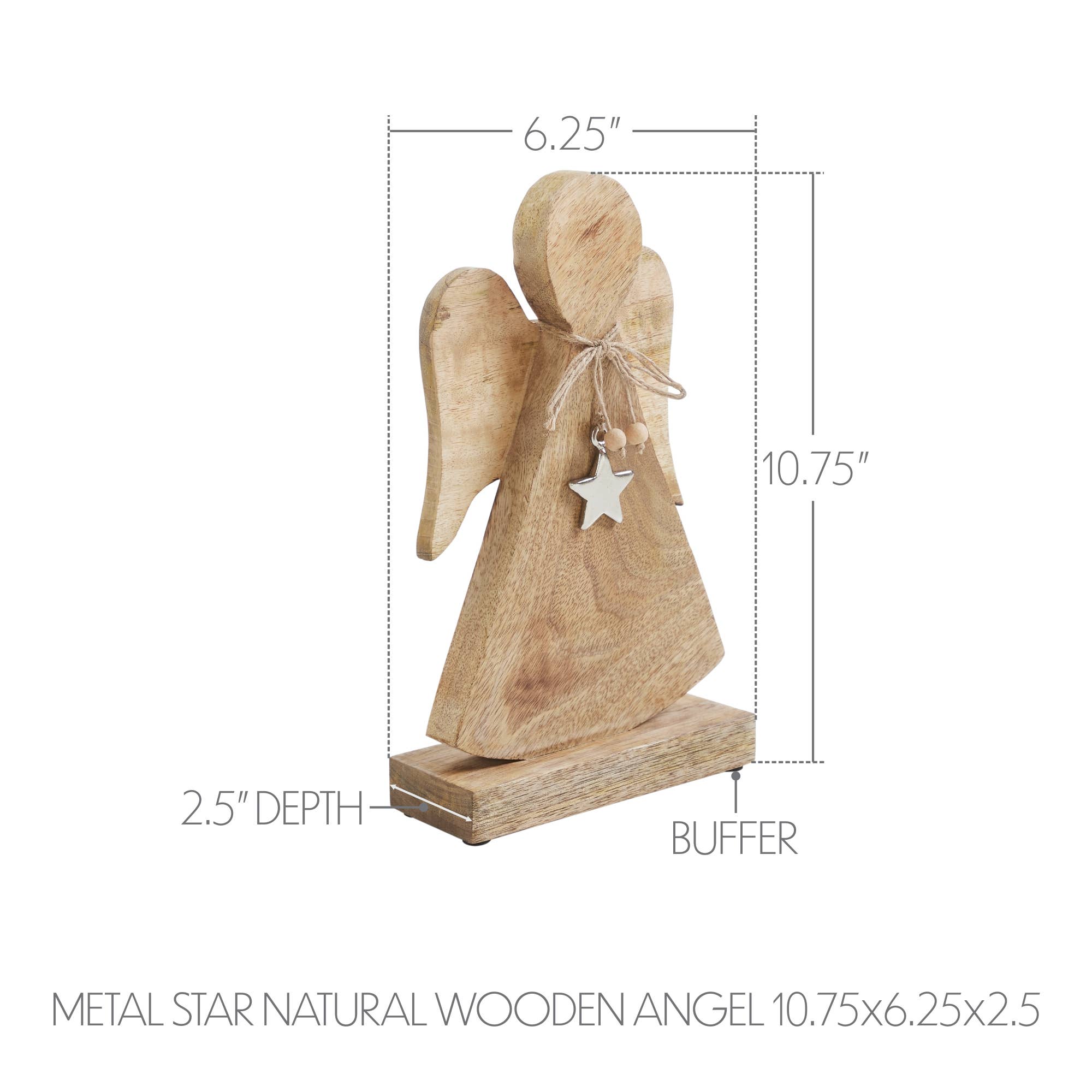 Metal Star Natural Wooden Angel 10.75x6.25x2.5