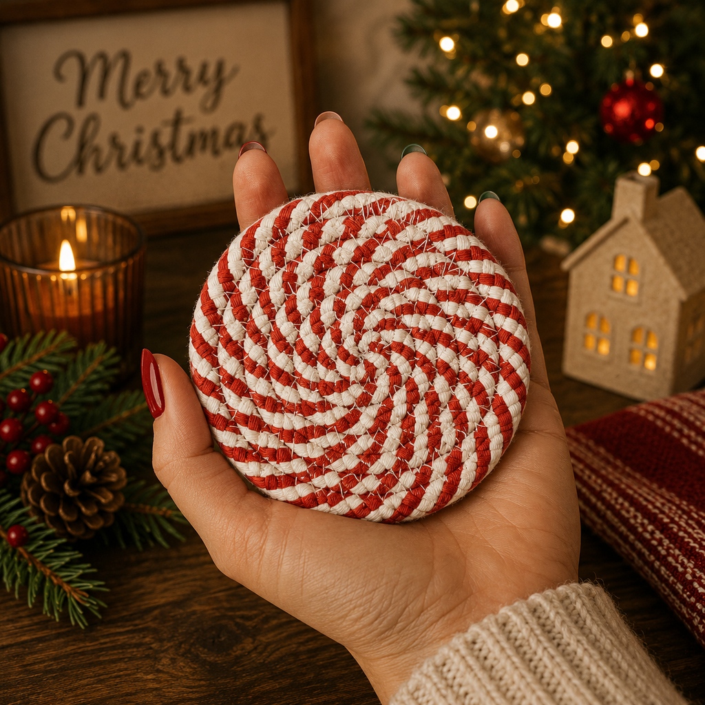 Holiday Fabric Coasters, Red White Christmas Coaster Set