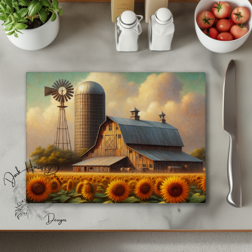Sunflower Farm Yard - Fall Decor - Glass Cutting Board