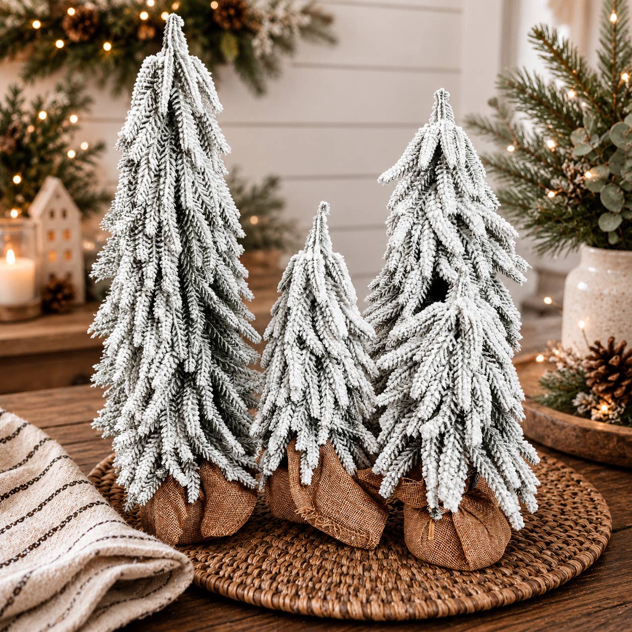 Flocked Snow Christmas Tree Set | Rustic Winter Wonderland