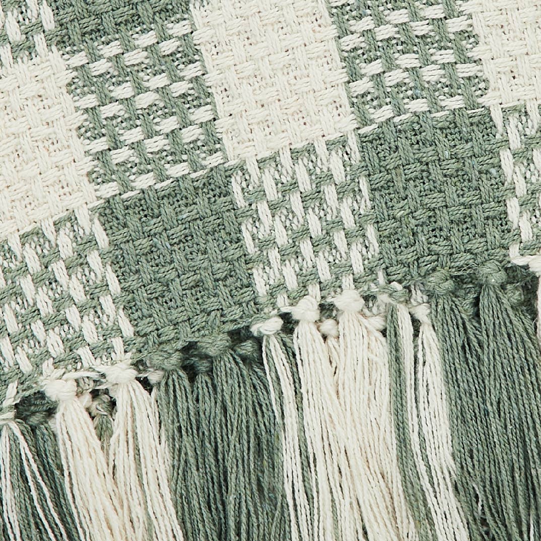 Pistachio Green Check Woven Throw Blanket with Fringe 50x60