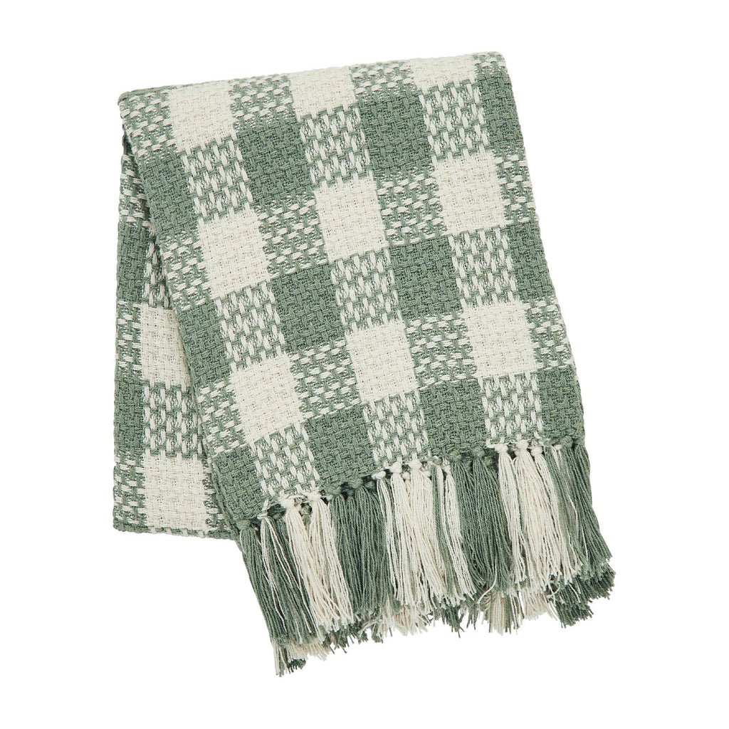 Pistachio Green Check Woven Throw Blanket with Fringe 50x60