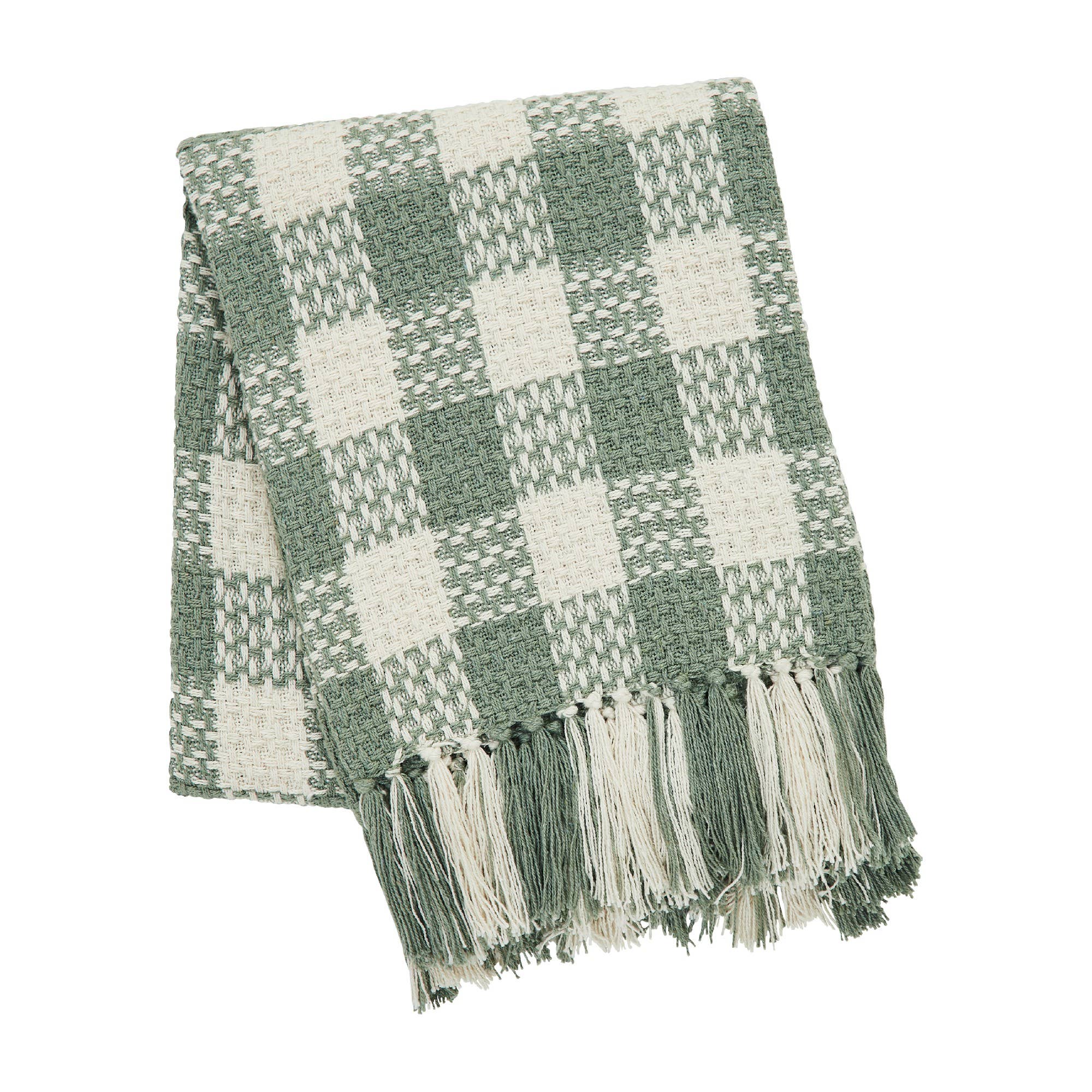 Pistachio Green Check Woven Throw Blanket with Fringe 50x60