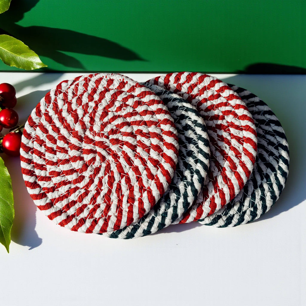 Holiday Fabric Coasters, Red White Christmas Coaster Set