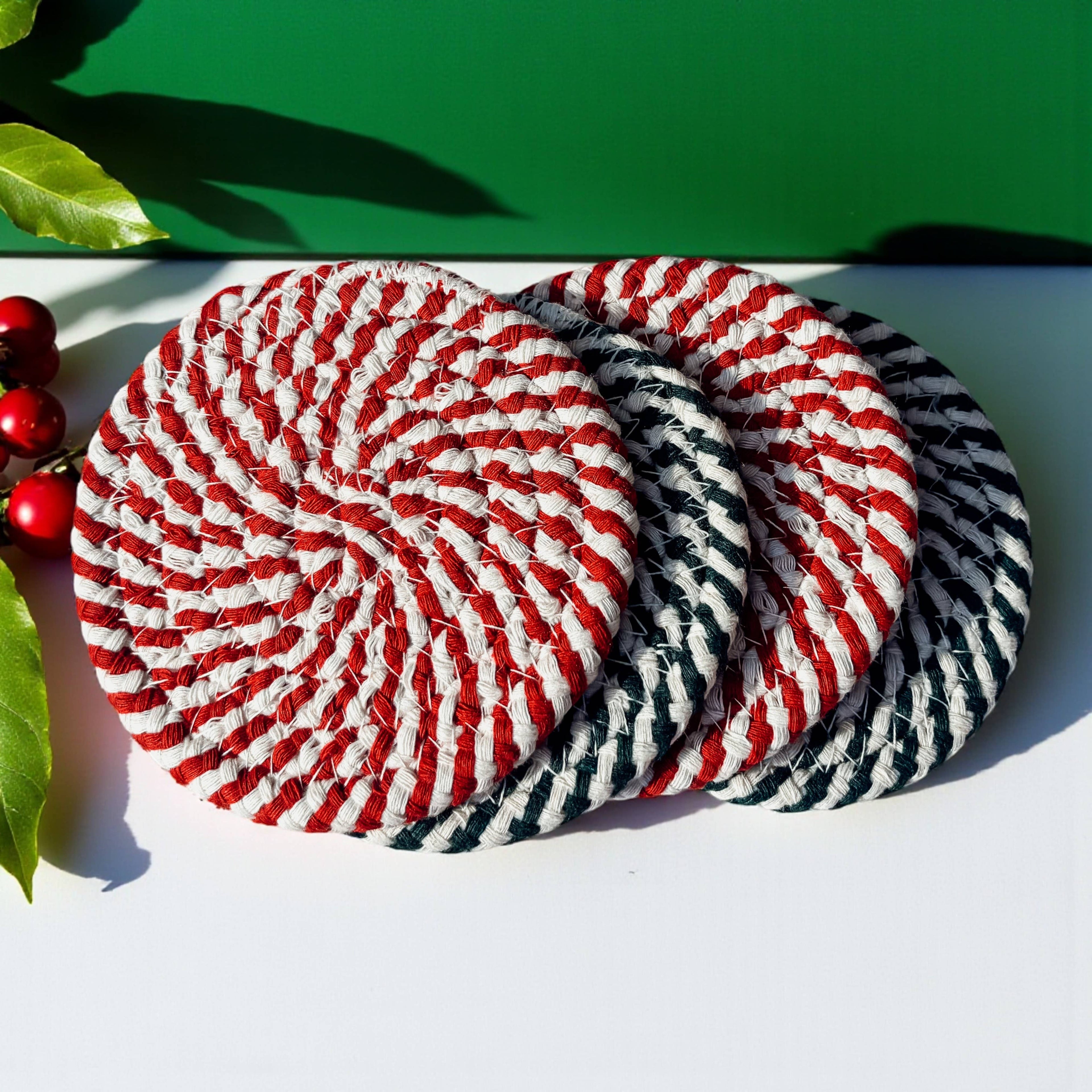 Holiday Fabric Coasters, Red White Christmas Coaster Set