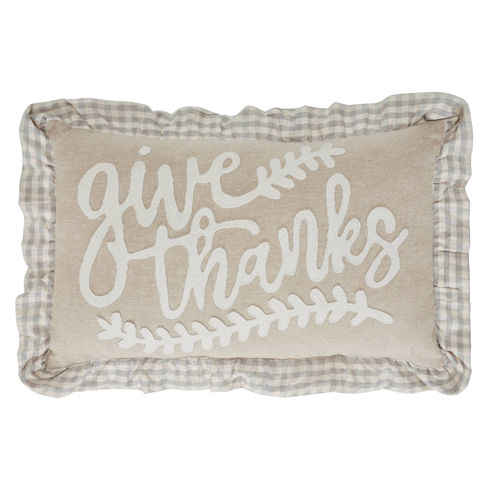 Give Thanks Gingham Ruffled 14x22 Applique Throw Pillow