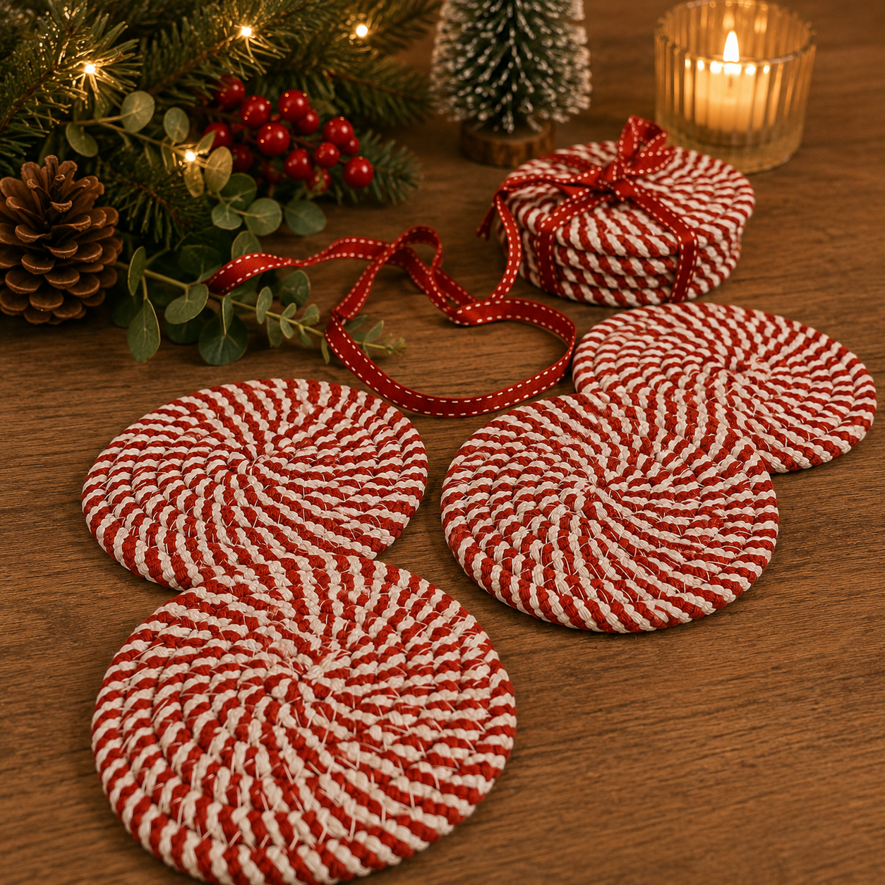 Holiday Fabric Coasters, Red White Christmas Coaster Set